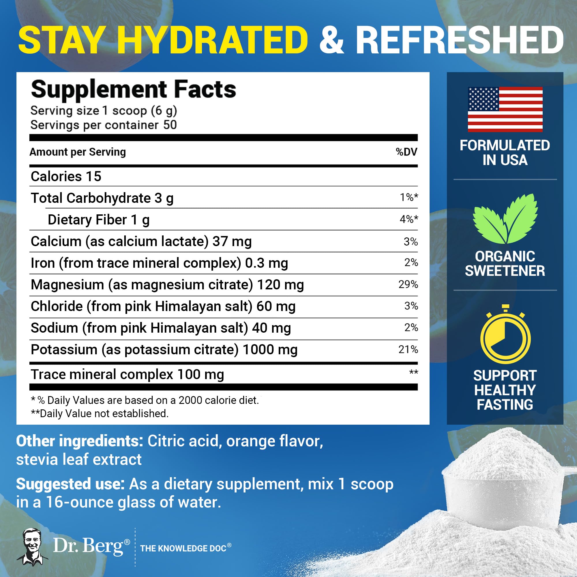 Dr. Berg Zero Sugar Hydration orange prepared drink demonstrates sugar-free hydration after workouts.