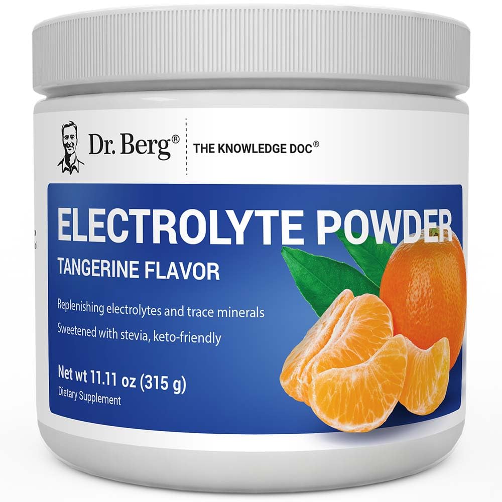 Dr. Berg Zero Sugar Hydration Tangerine powder bottle for quick, sugar-free hydration.