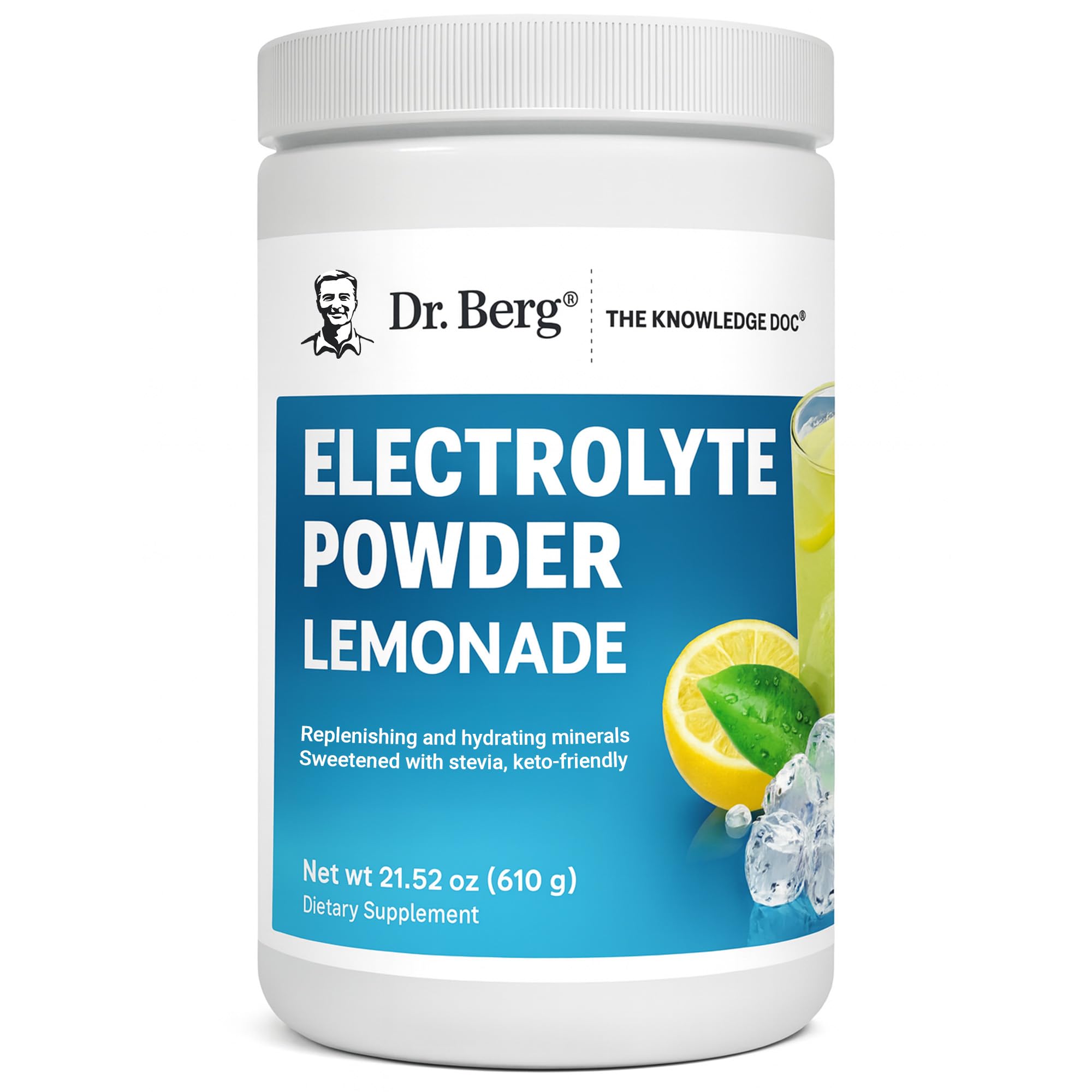 Dr. Berg Zero Sugar Hydration tub front, sugar-free electrolyte powder for workouts.
