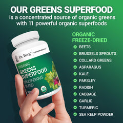 Dr. Berg's Greens bottle placed on a white surface for clarity.