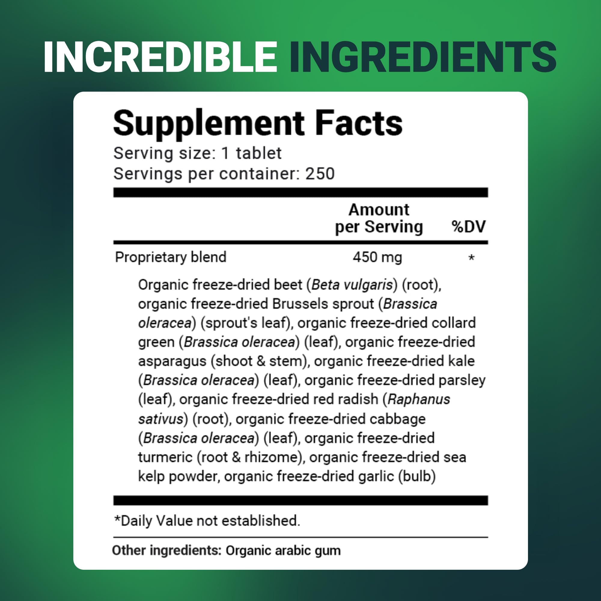 Bottle with label visible, emphasizing organic cruciferous blend.