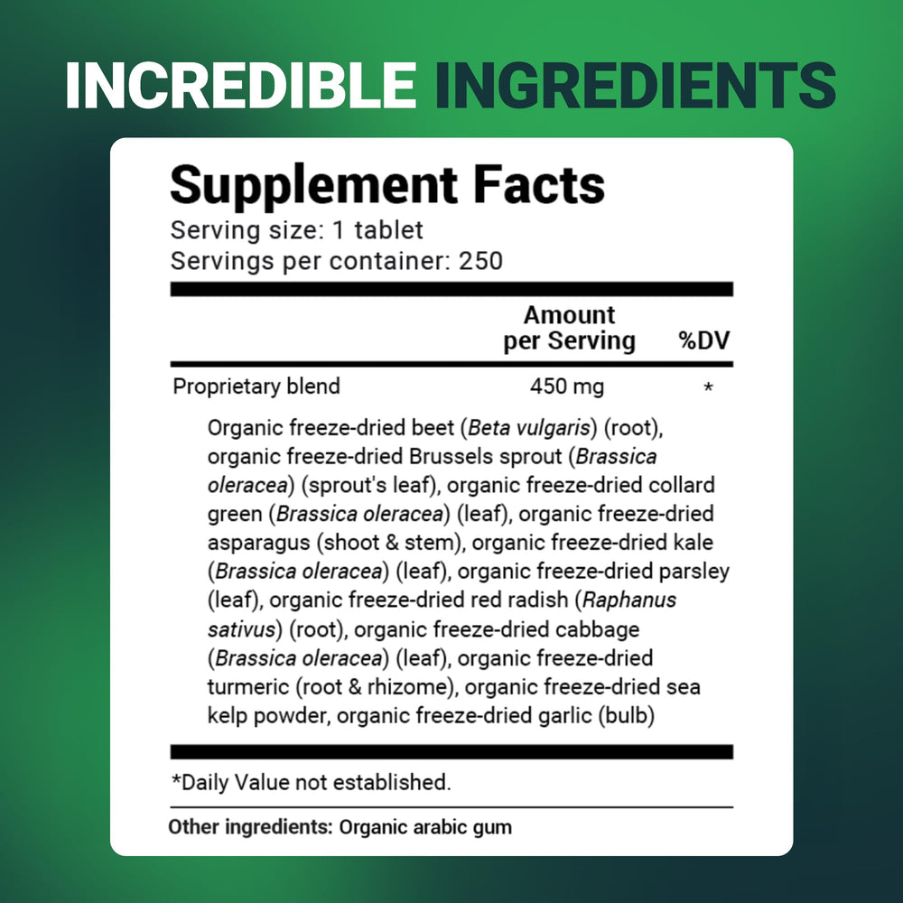 Bottle with label visible, emphasizing organic cruciferous blend.