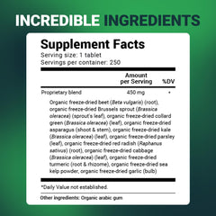 Bottle with label visible, emphasizing organic cruciferous blend.