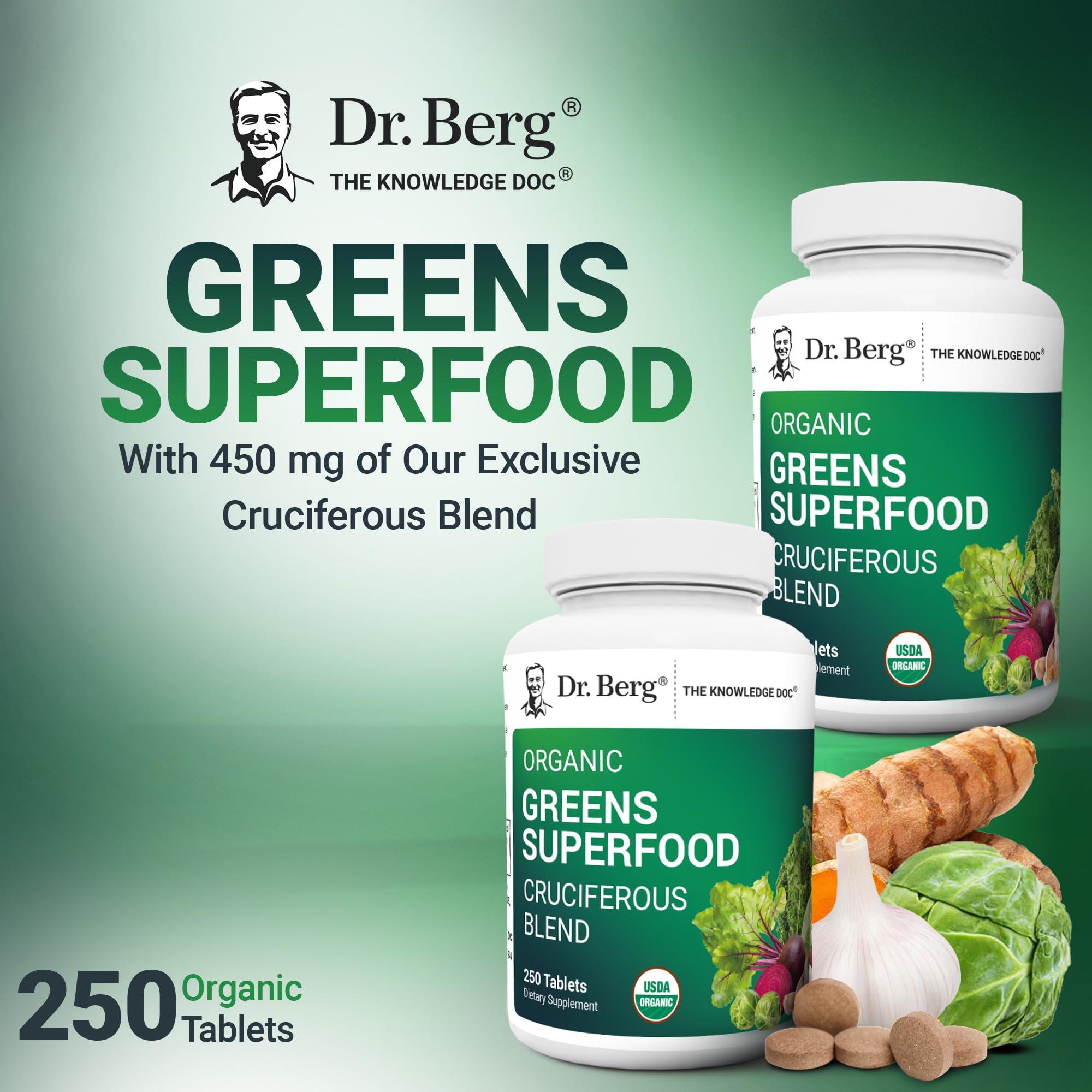 Front packaging detail of Dr. Berg's Greens with branding and claims.