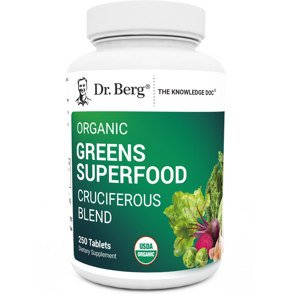 Dr. Berg's Greens tablets bottle showing convenient daily greens in one capsule.