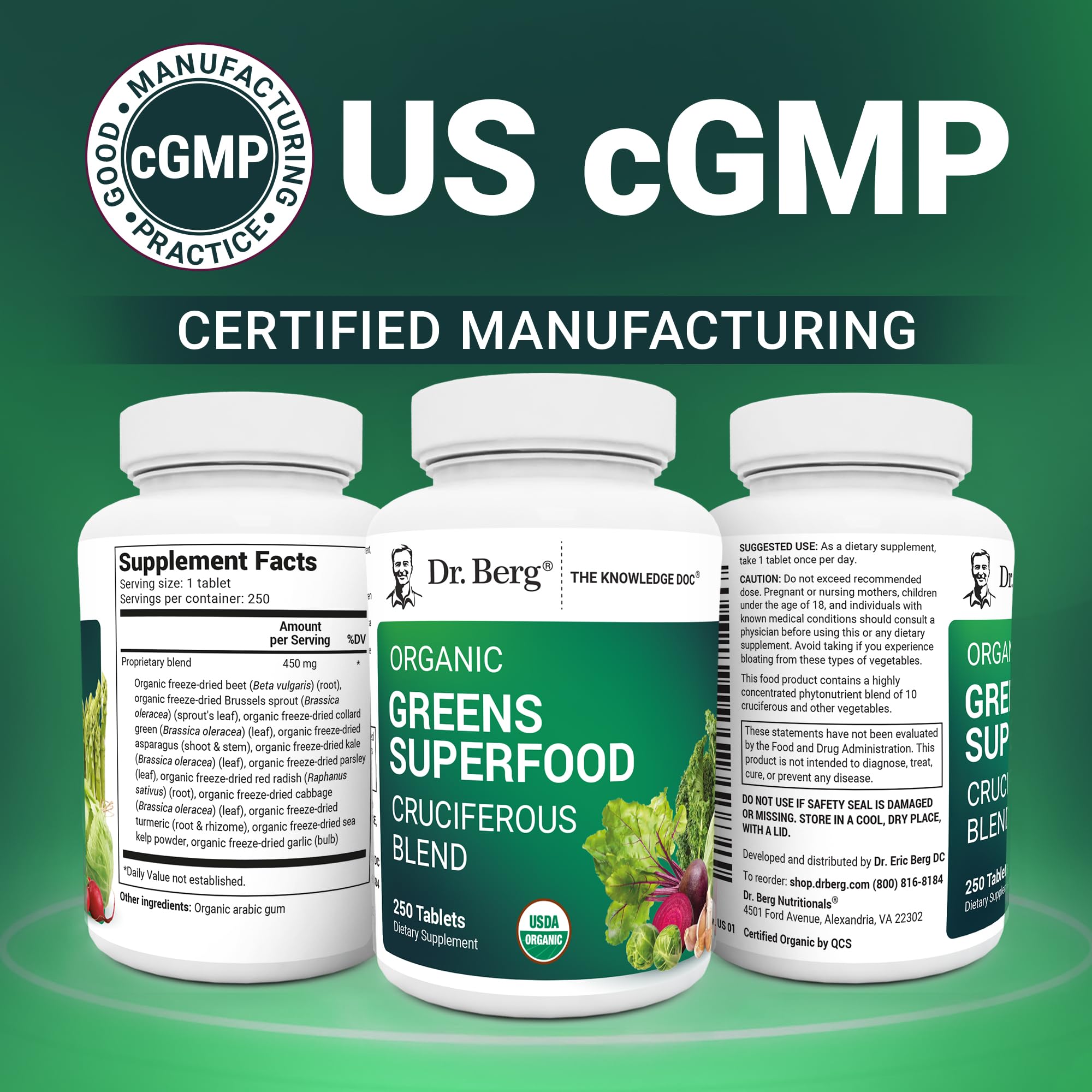 Close-up of Dr. Berg's Greens tablets showing compact form factor.