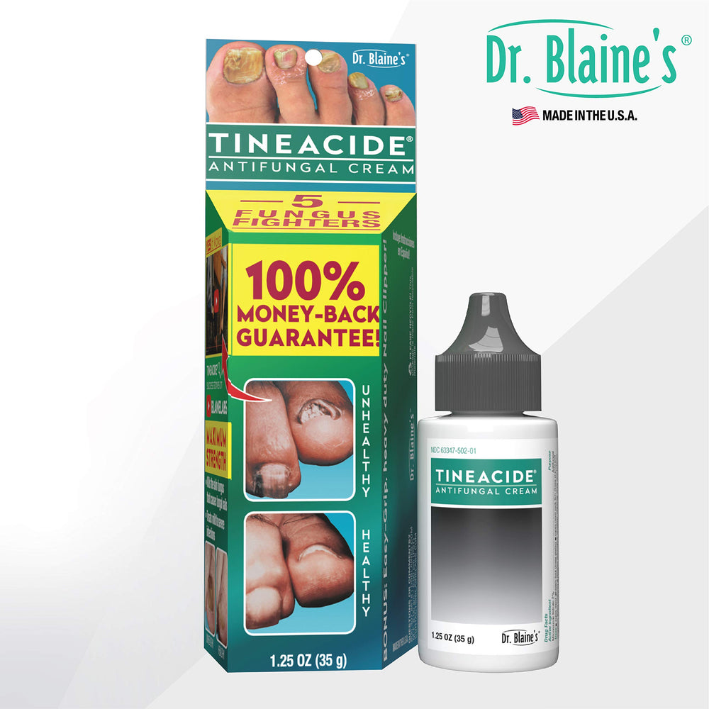 Tube and label detail of Dr. Blaine's Tineacide anti-fungal cream.