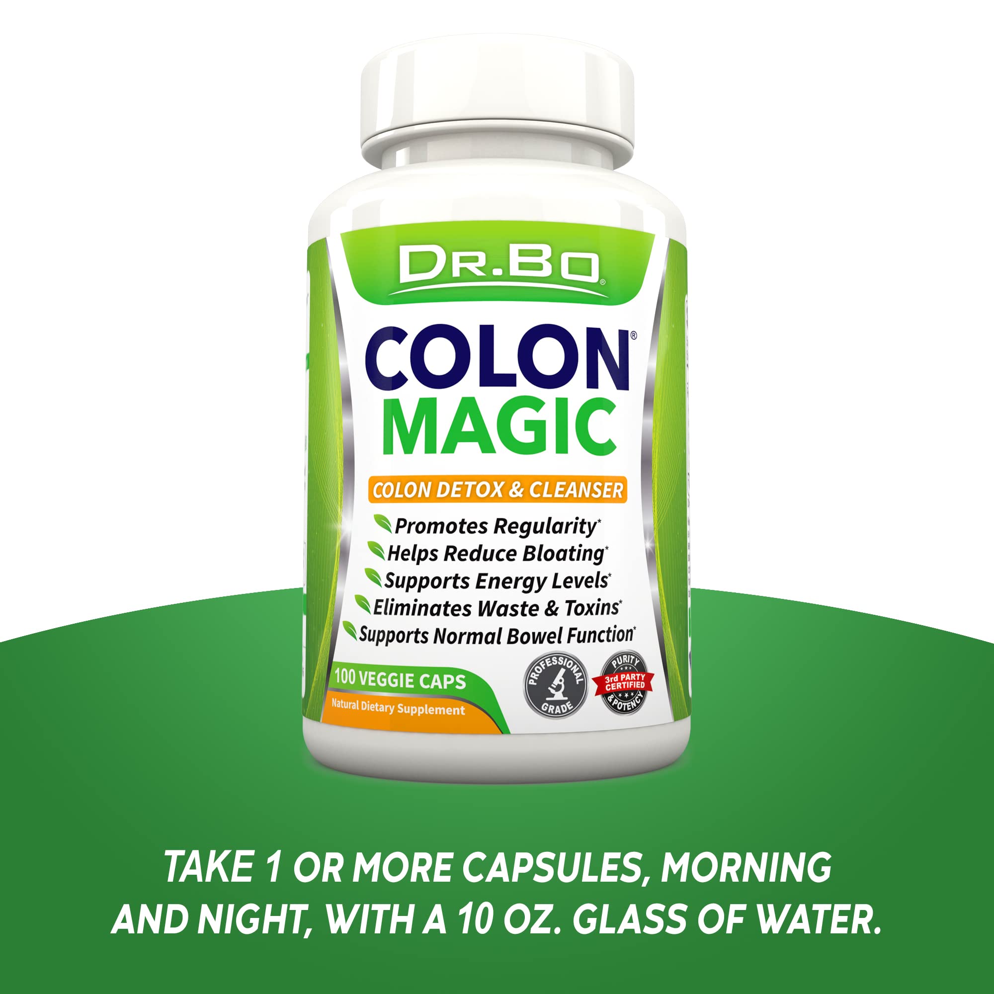 DR. BO colon cleanse bottle label in focus promotes gut wellness