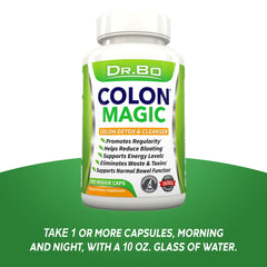 DR. BO colon cleanse bottle label in focus promotes gut wellness