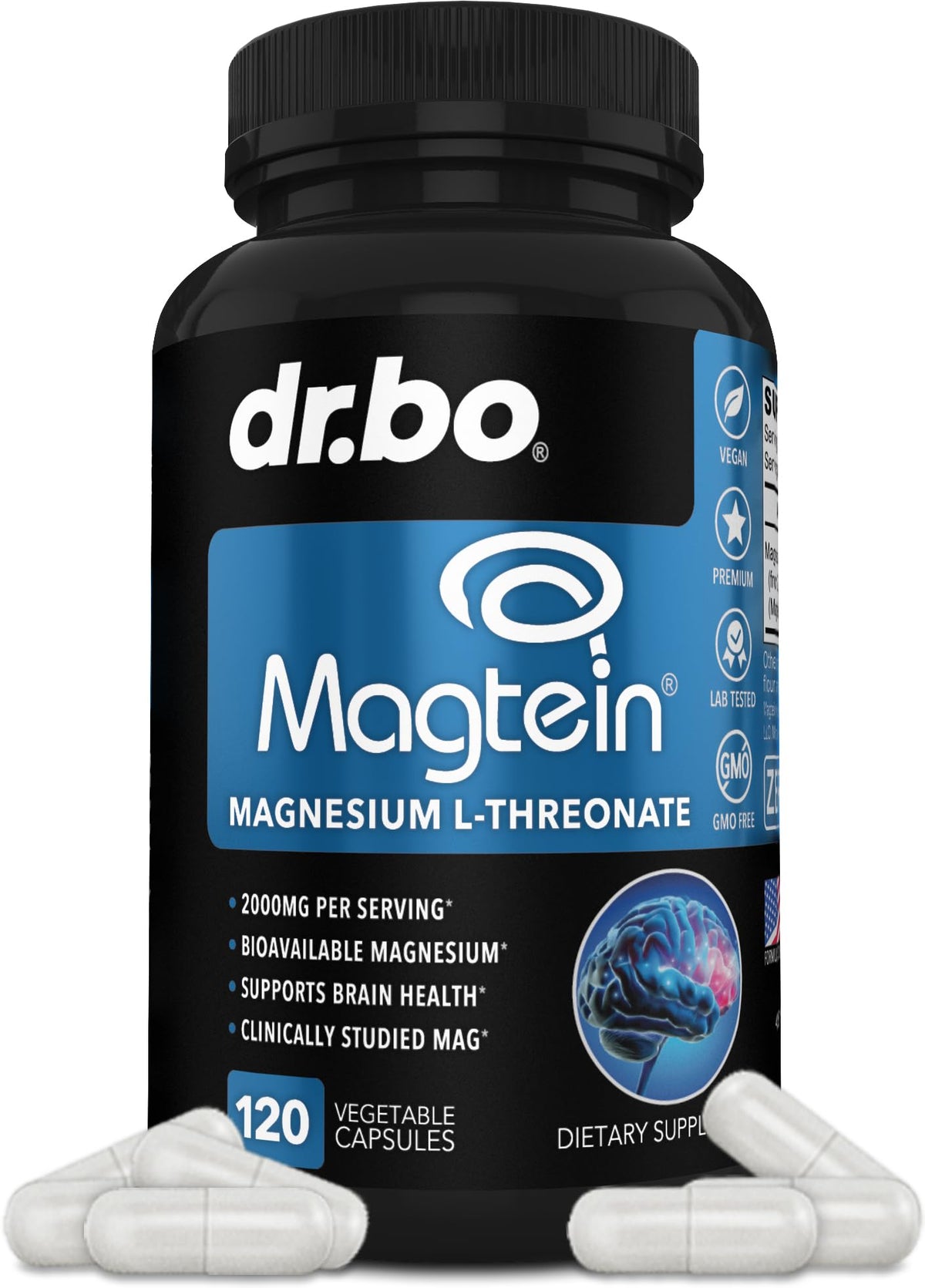 DR. BO Magtein bottle front for premium brain health support.