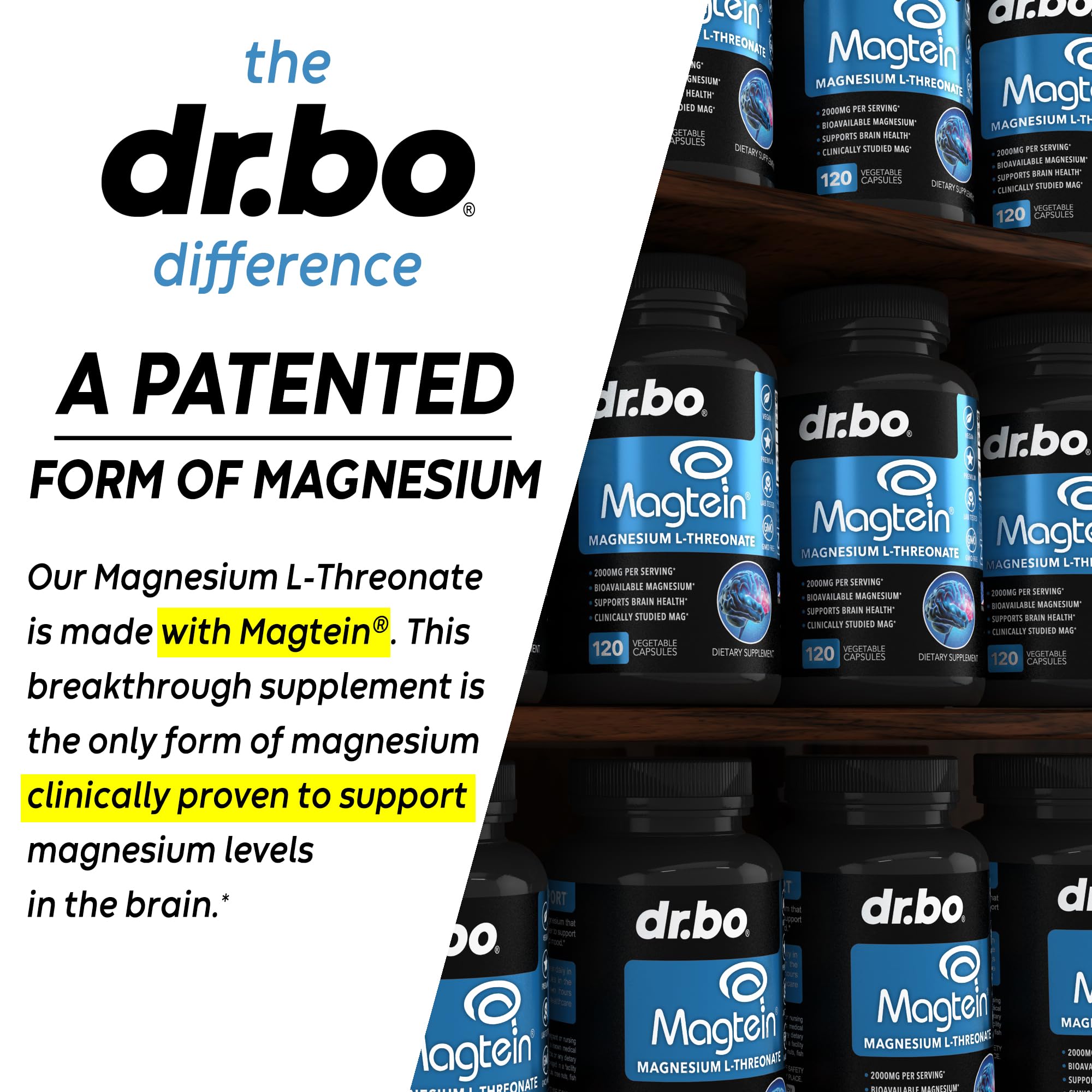 DR. BO Magtein bottle pour captures serving-size capsules.