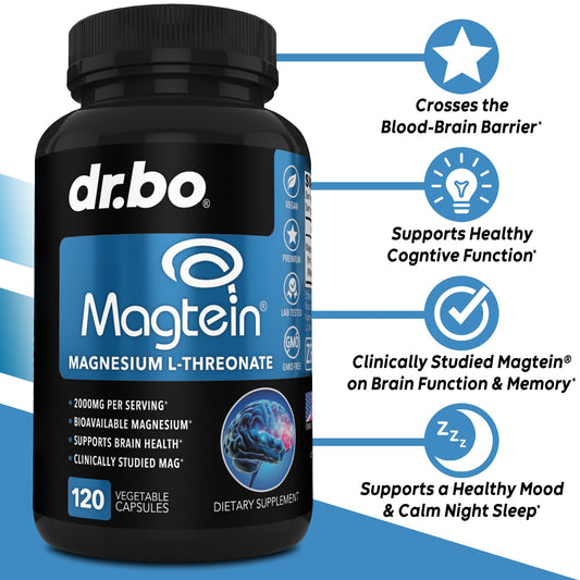 DR. BO Magtein capsules closeup show small capsules for memory support.