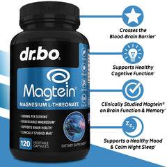 DR. BO Magtein capsules closeup show small capsules for memory support.
