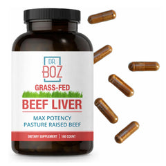 Dr. Boz beef liver capsules bottle front showing grass-fed nutrition for energy.