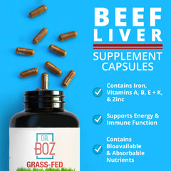 Close-up of Dr. Boz capsules highlighting iron and vitamin nutrients for vitality.