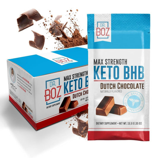 Dr. Boz Keto BHB powder Dutch Chocolate tub boosts energy during keto transition.