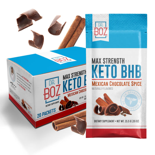 Dr. Boz Keto BHB powder tub in Mexican Chocolate Spice for energy support.