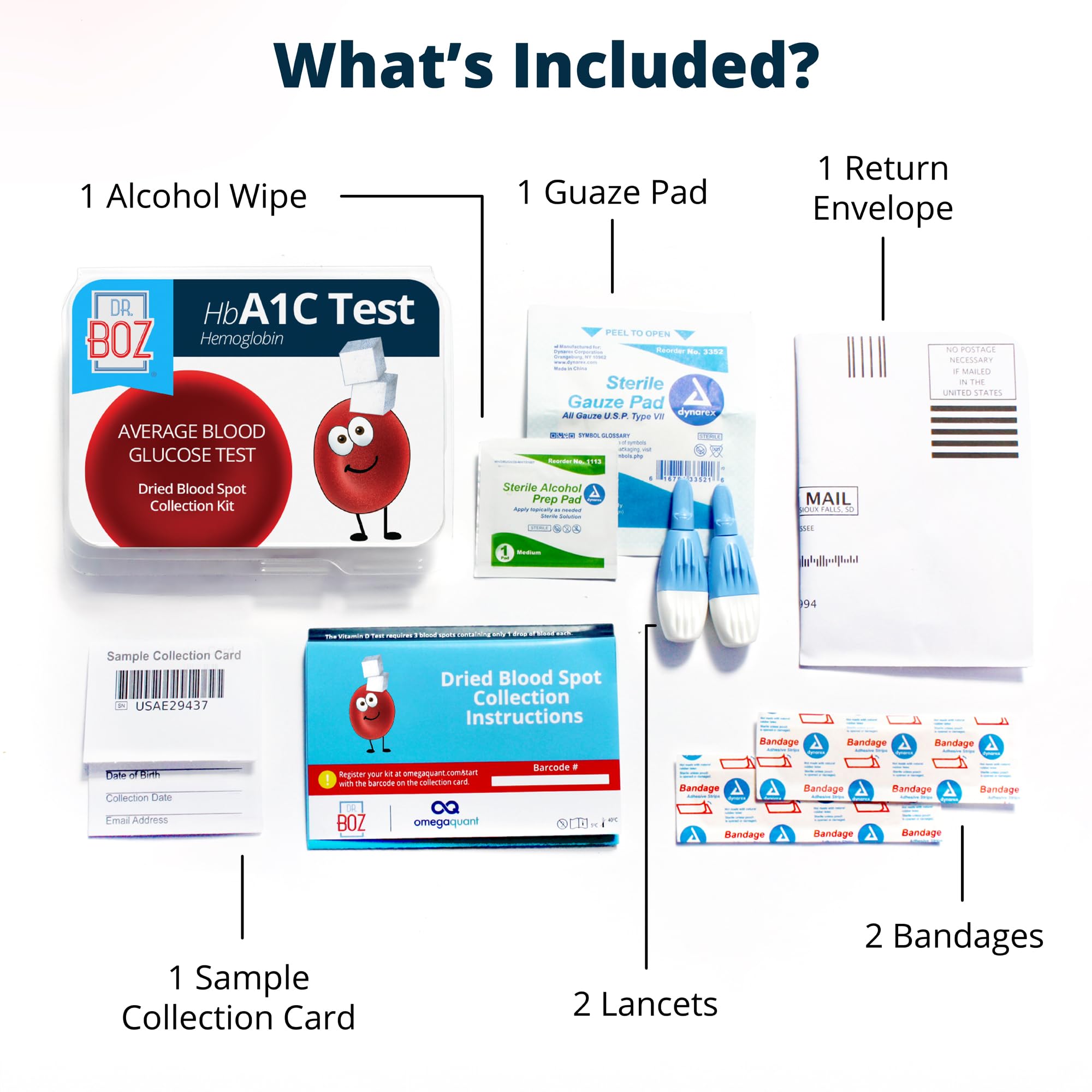 Dr. Boz lancets included for safe blood collection and comfort.