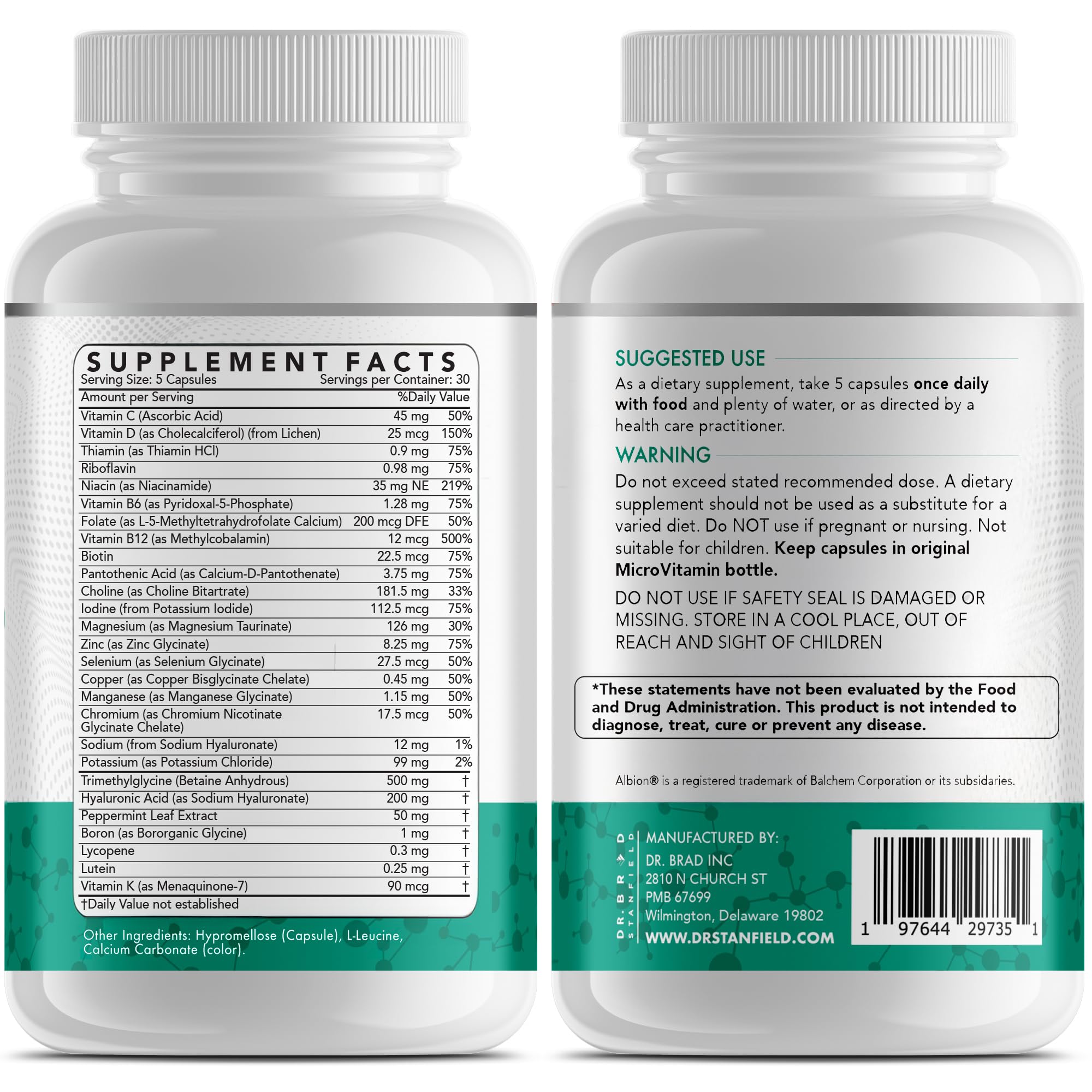 Close-up of Dr Brad Stanfield tablets emphasizing MTHFR-friendly formulation and high absorption
