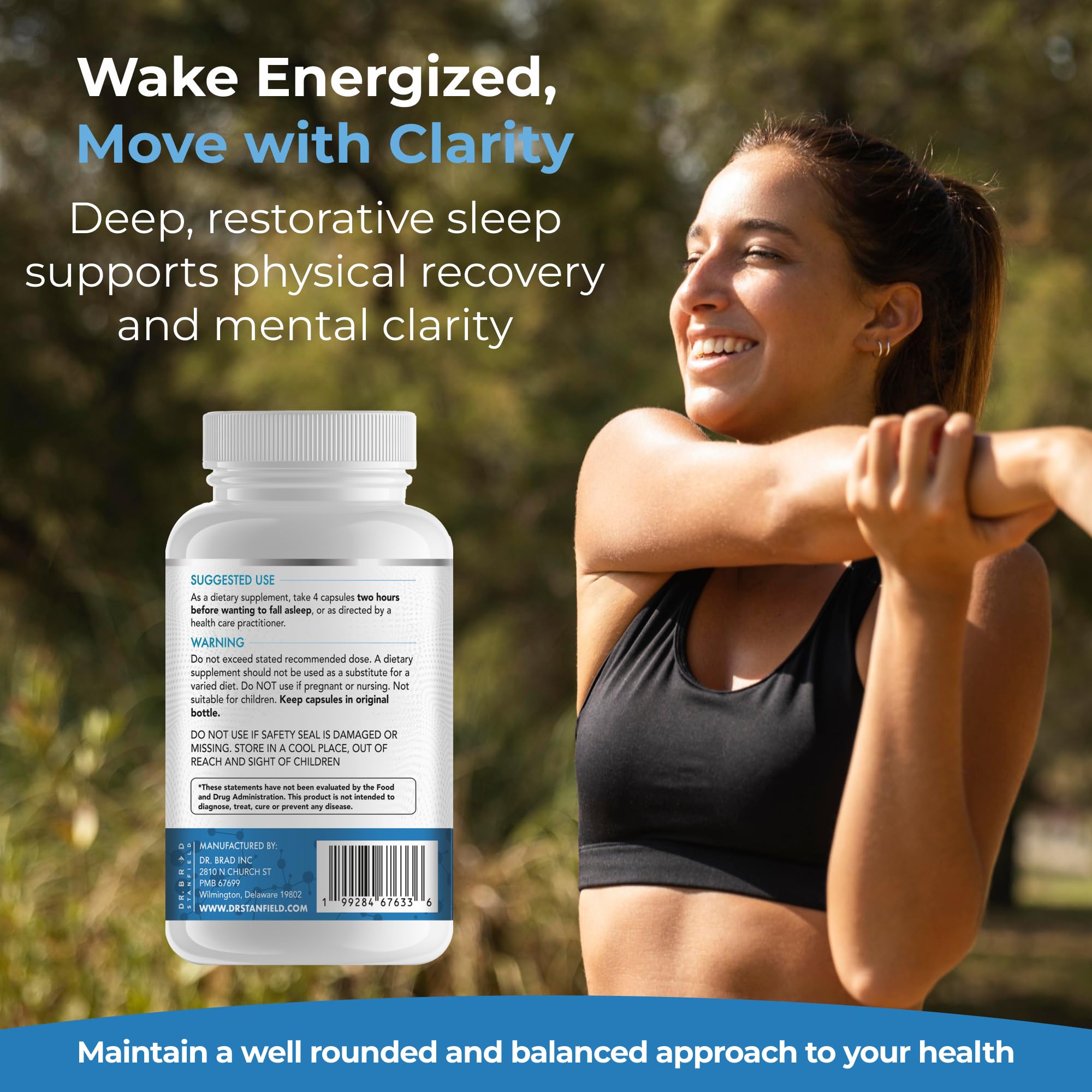 Dr Brad Stanfield melatonin glycine bottle closeup highlights sleep support blend