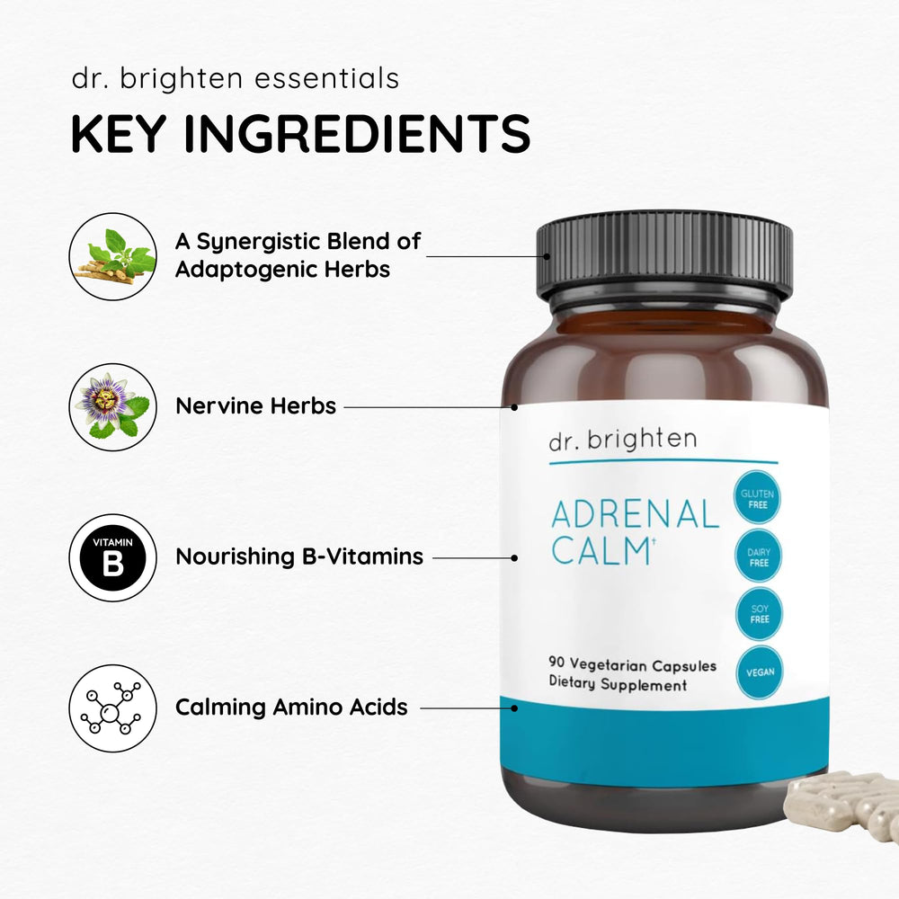 Dr. Brighten Adrenal Calm bottle highlights Ashwagandha for stress resilience.