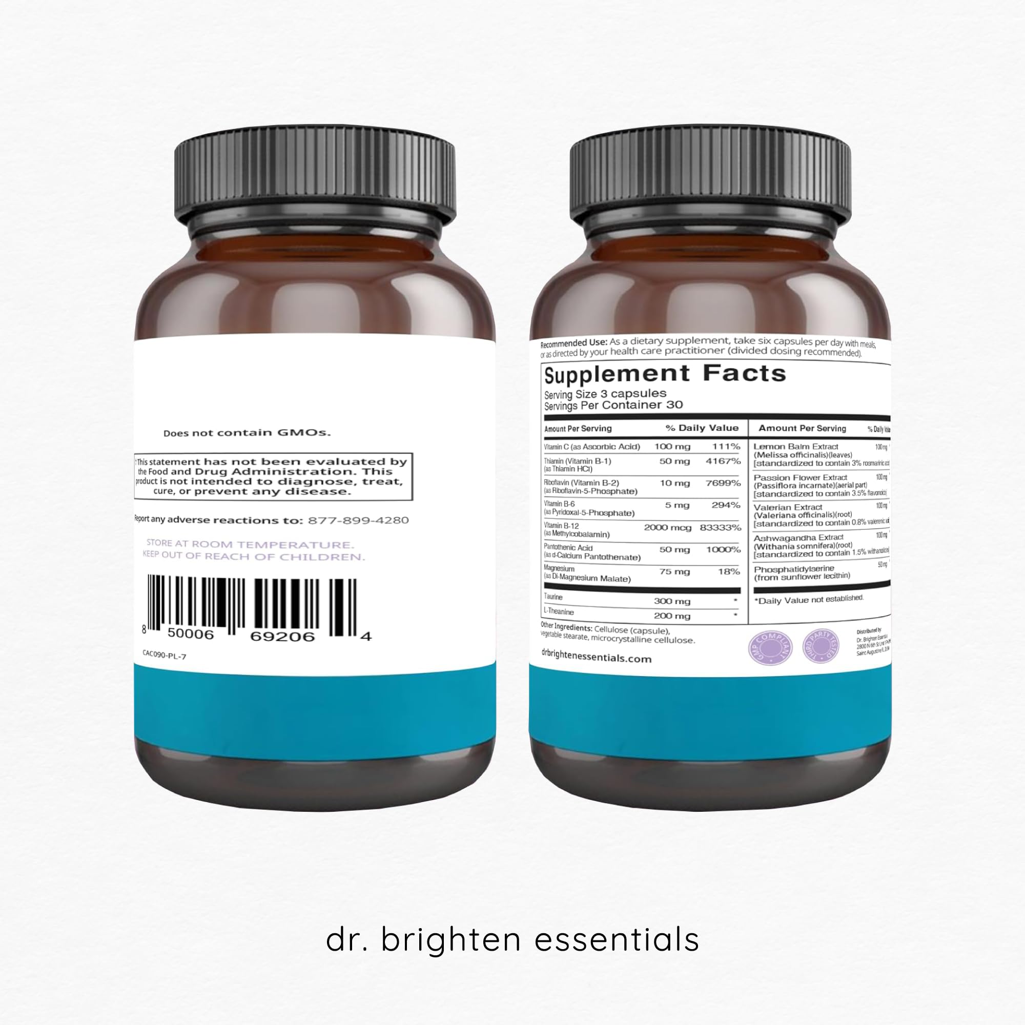 Dr. Brighten Adrenal Calm capsules close-up showing adaptogenic formula.
