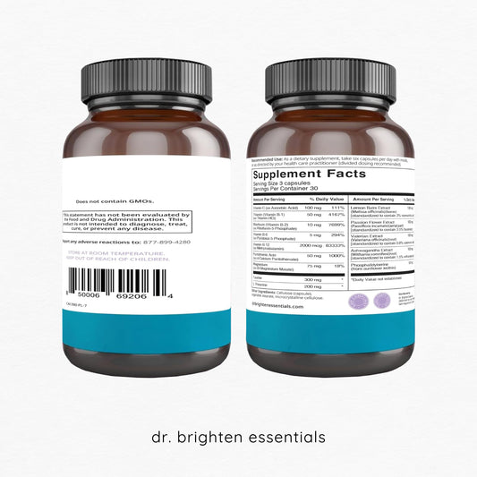 Dr. Brighten Adrenal Calm capsules close-up showing adaptogenic formula.