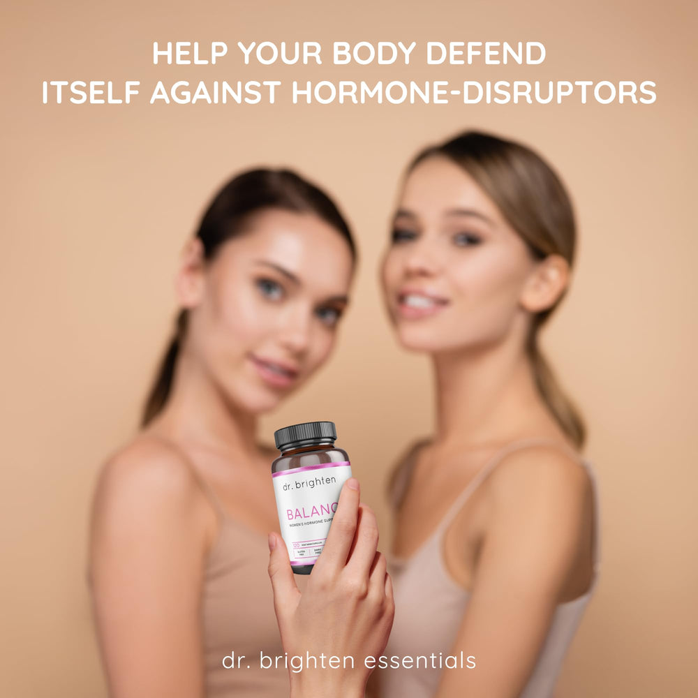 Dr. Brighten Balance bottle reveals calcium and magnesium for bone health.