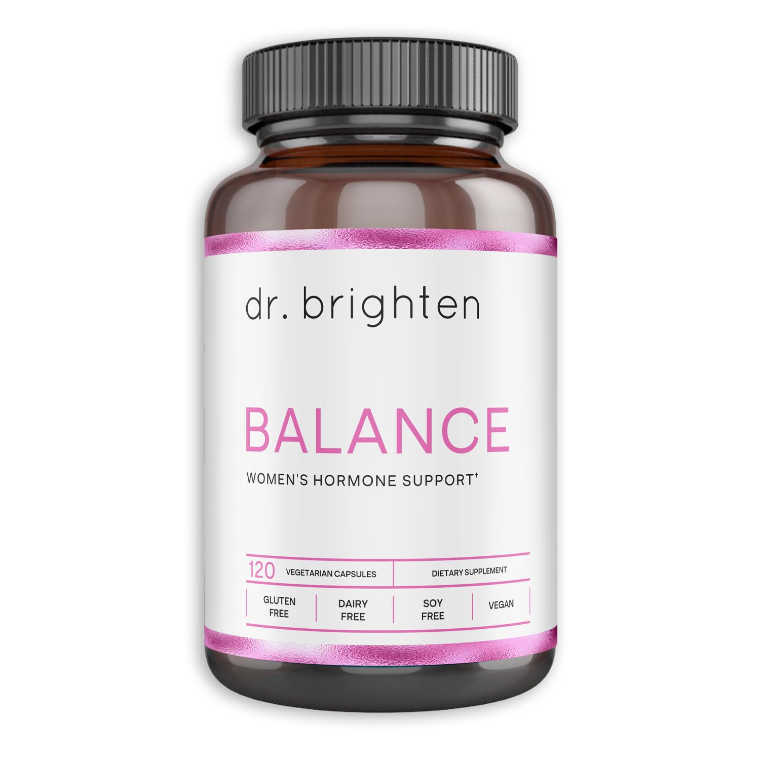 Dr. Brighten Balance bottle with capsules promoting hormonal balance.