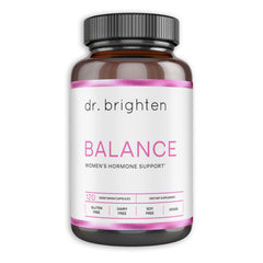 Dr. Brighten Balance bottle with capsules promoting hormonal balance.