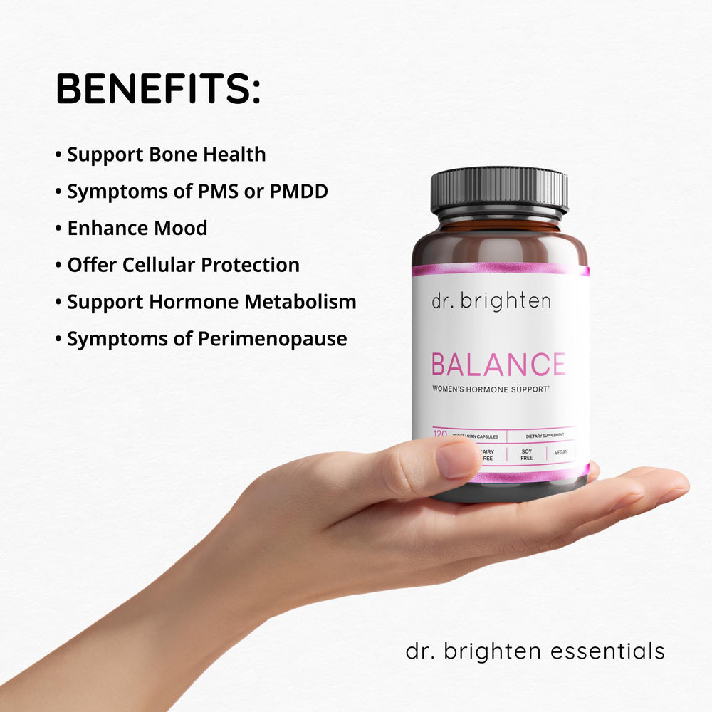 Dr. Brighten Balance ingredients panel shows chasteberry and DIM.