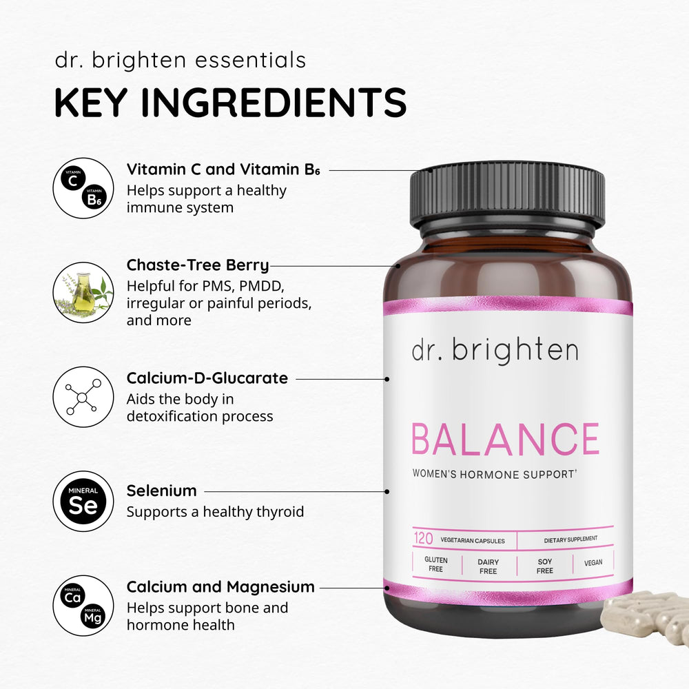 Dr. Brighten Balance capsules next to period-focused planning notes.