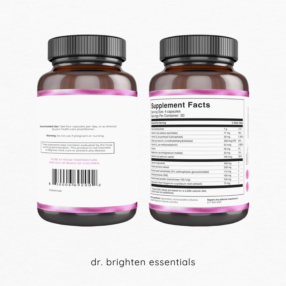 Dr. Brighten Balance vegan, non-GMO badge signals purity.