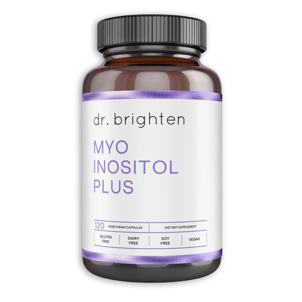 Dr. Brighten Myoinositol Plus bottle for reproductive health and hormone balance.