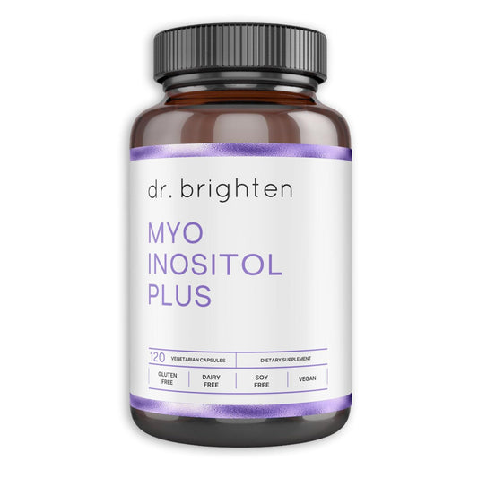 Dr. Brighten Myoinositol Plus bottle for reproductive health and hormone balance.