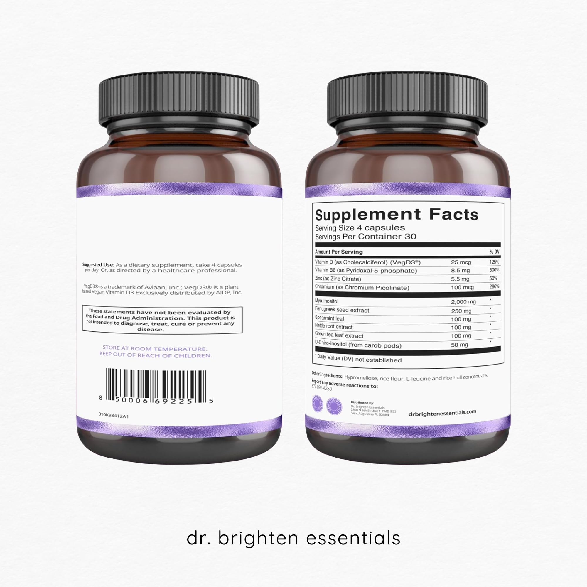Dr. Brighten Myoinositol Plus capsules with clear label highlighting ovarian support.