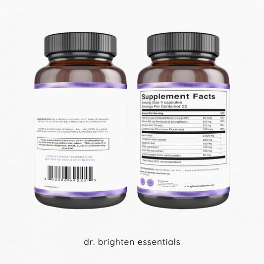 Dr. Brighten Myoinositol Plus capsules with clear label highlighting ovarian support.