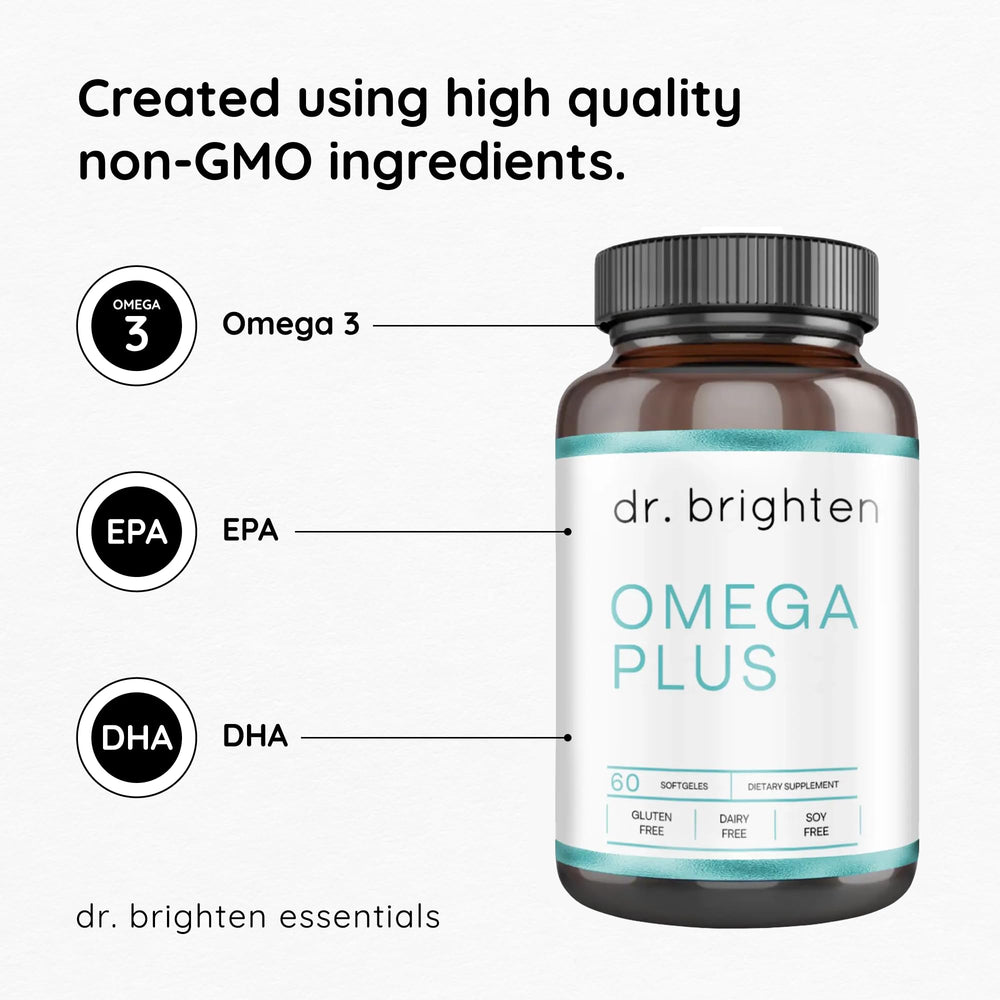 Dr. Brighten Omega Plus bottle showing lemon oil for refreshing finish and reduced aftertaste