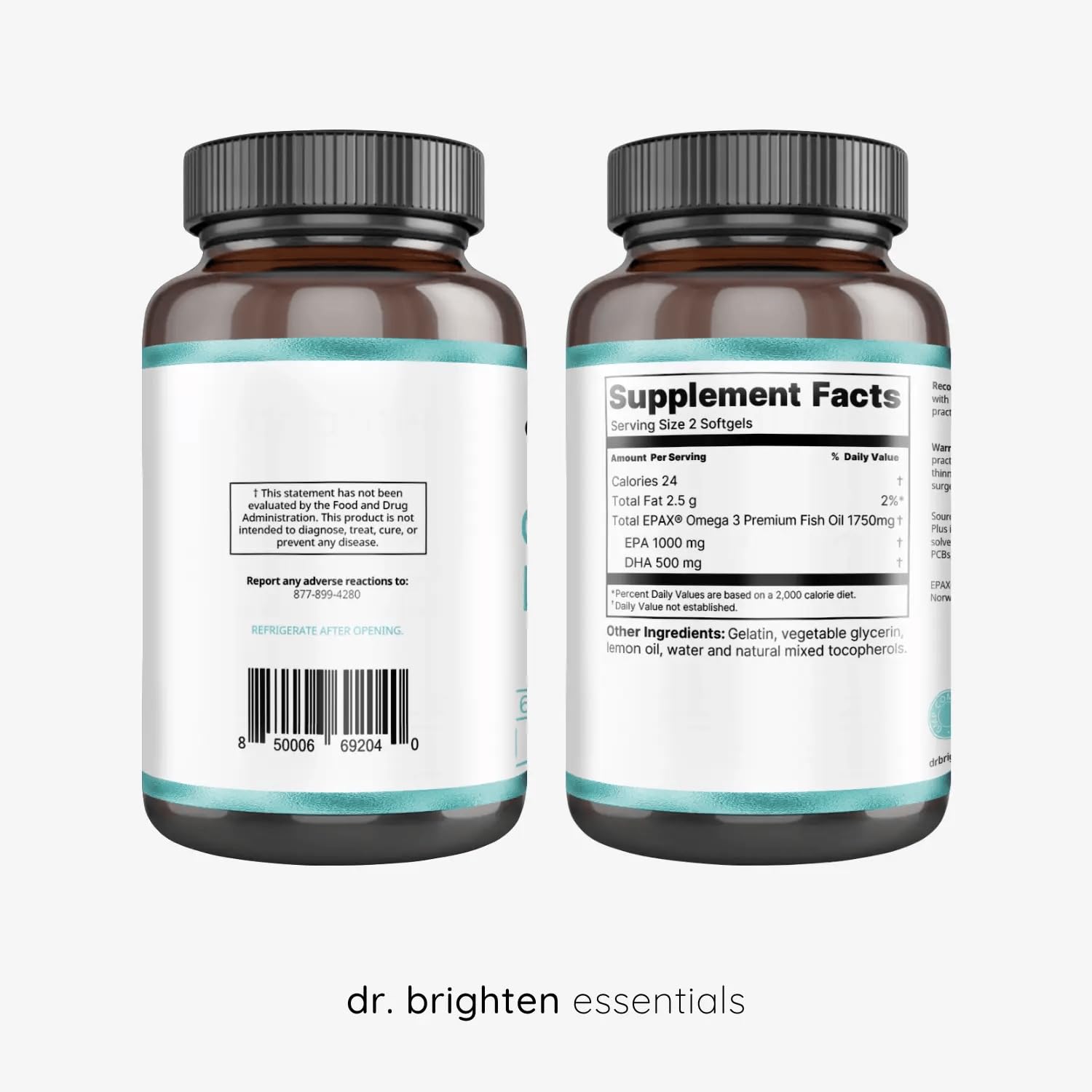 Dr. Brighten Omega Plus softgels close-up showing easy-to-swallow capsules