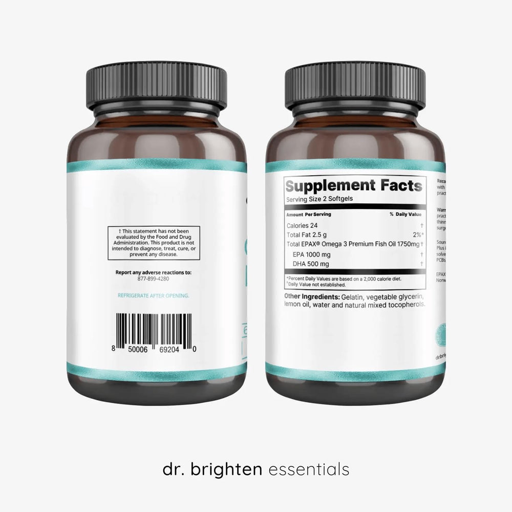 Dr. Brighten Omega Plus softgels close-up showing easy-to-swallow capsules