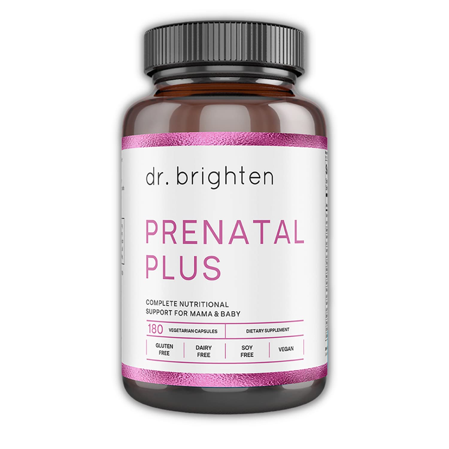 Dr. Brighten Prenatal Plus bottle front shows vegan prenatal support