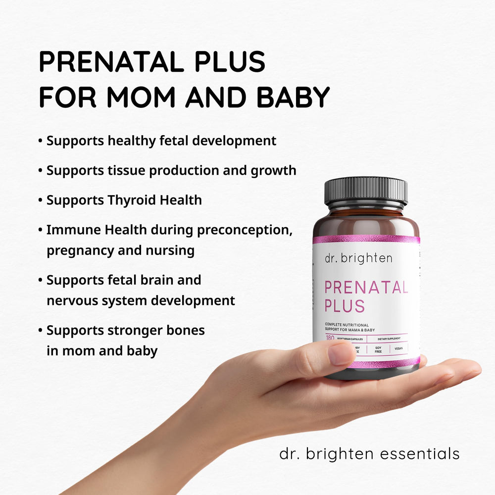 Dr. Brighten Prenatal Plus label close-up with non-GMO vegan formula