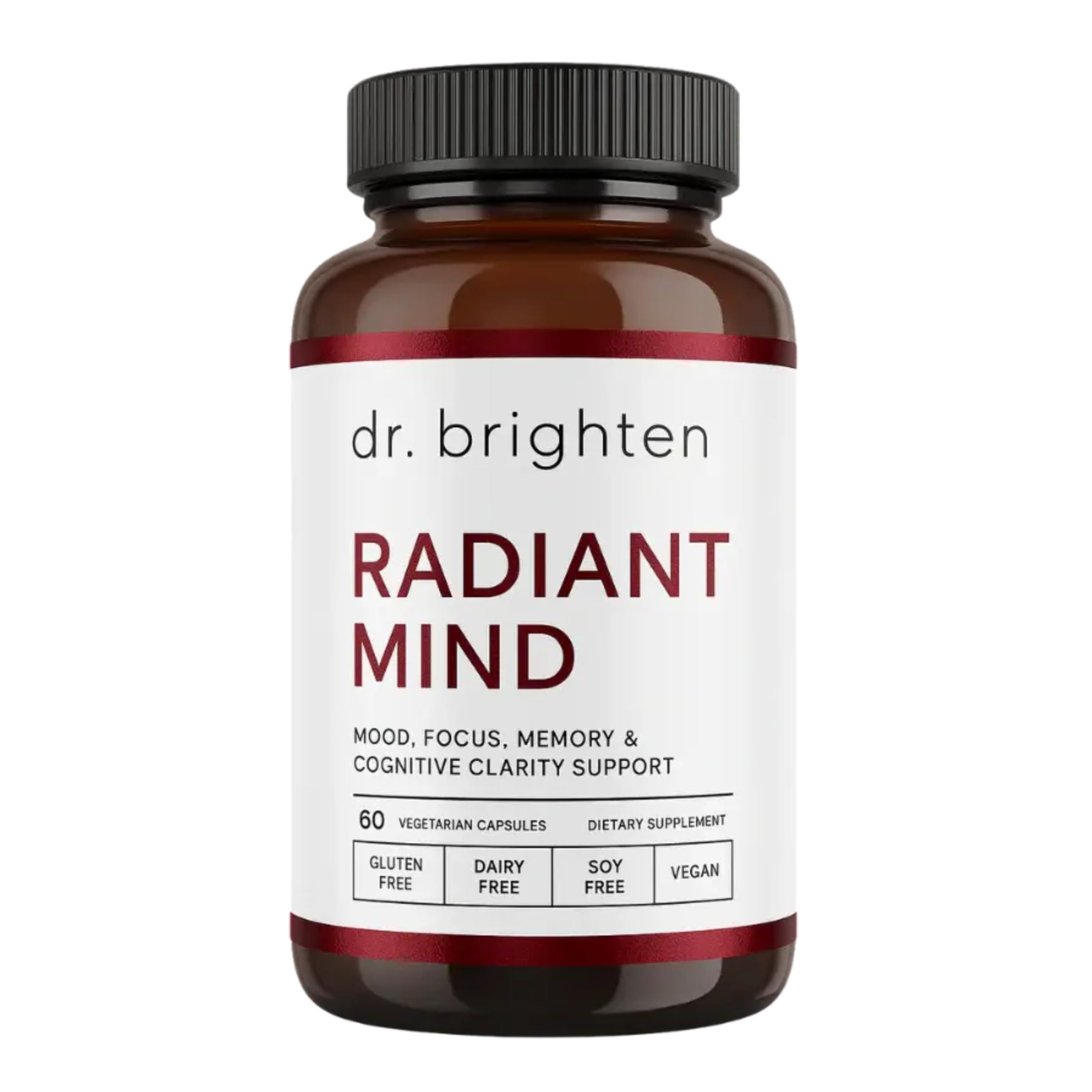 Dr. Brighten Radiant Mind bottle on desk illustrating focus and routine use