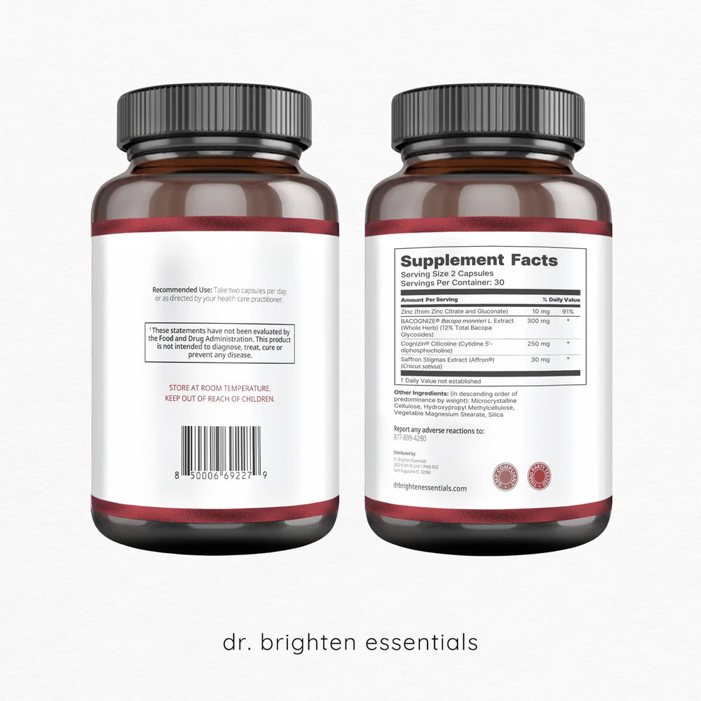 Dr. Brighten Radiant Mind capsules closeup highlighting vegan capsules