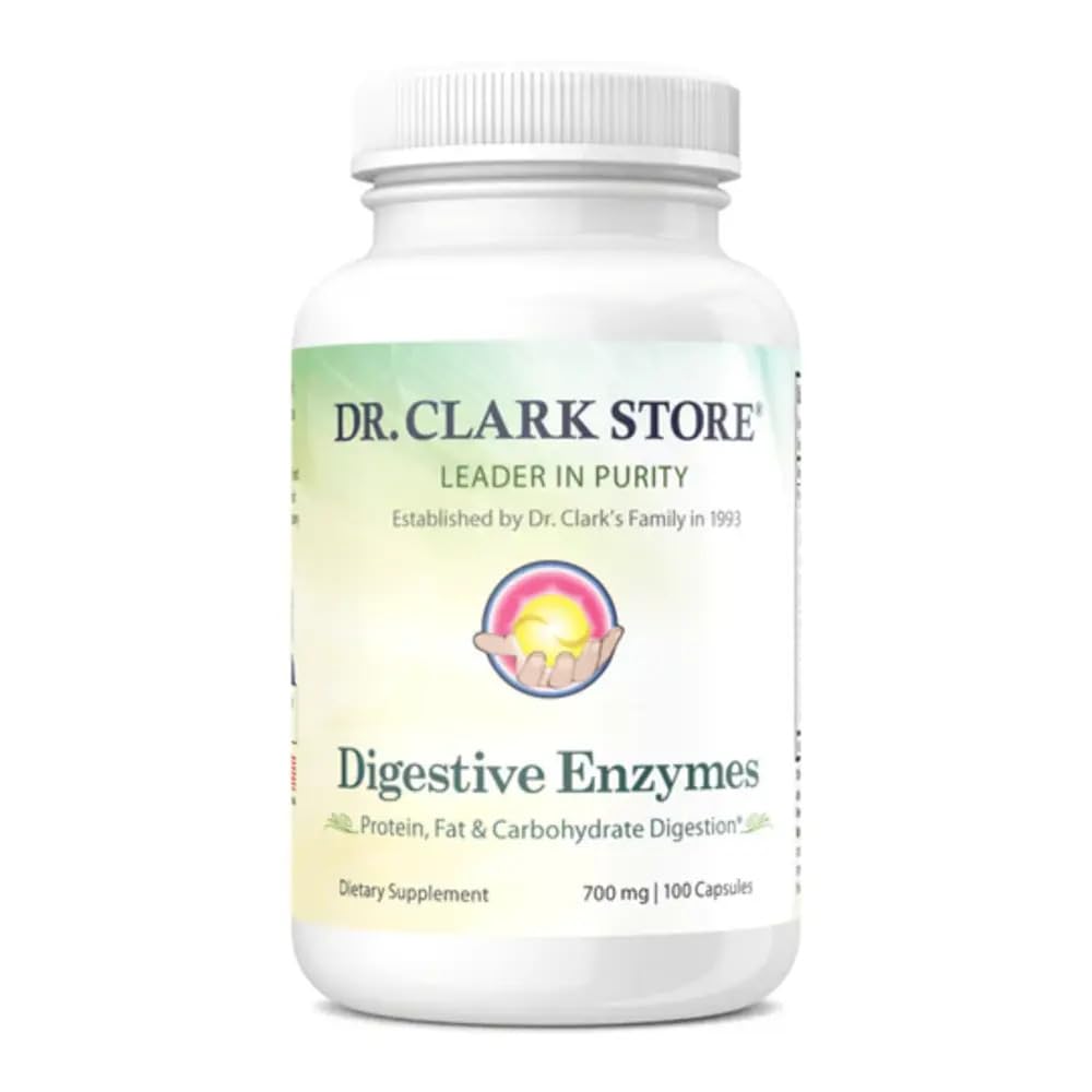 Dr. Clark Digestive Enzymes bottle pour for easy daily digestion support.