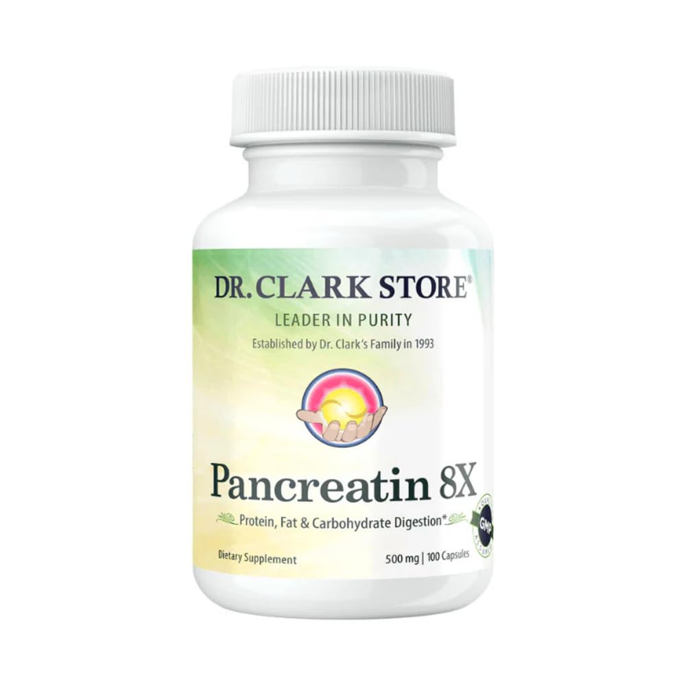 Dr Clark Pancreatin 8X bottle front shows post meal digestion support