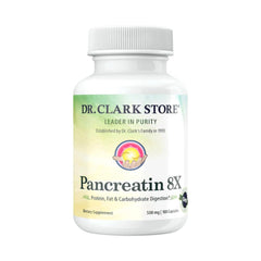 Dr Clark Pancreatin 8X bottle front shows post meal digestion support