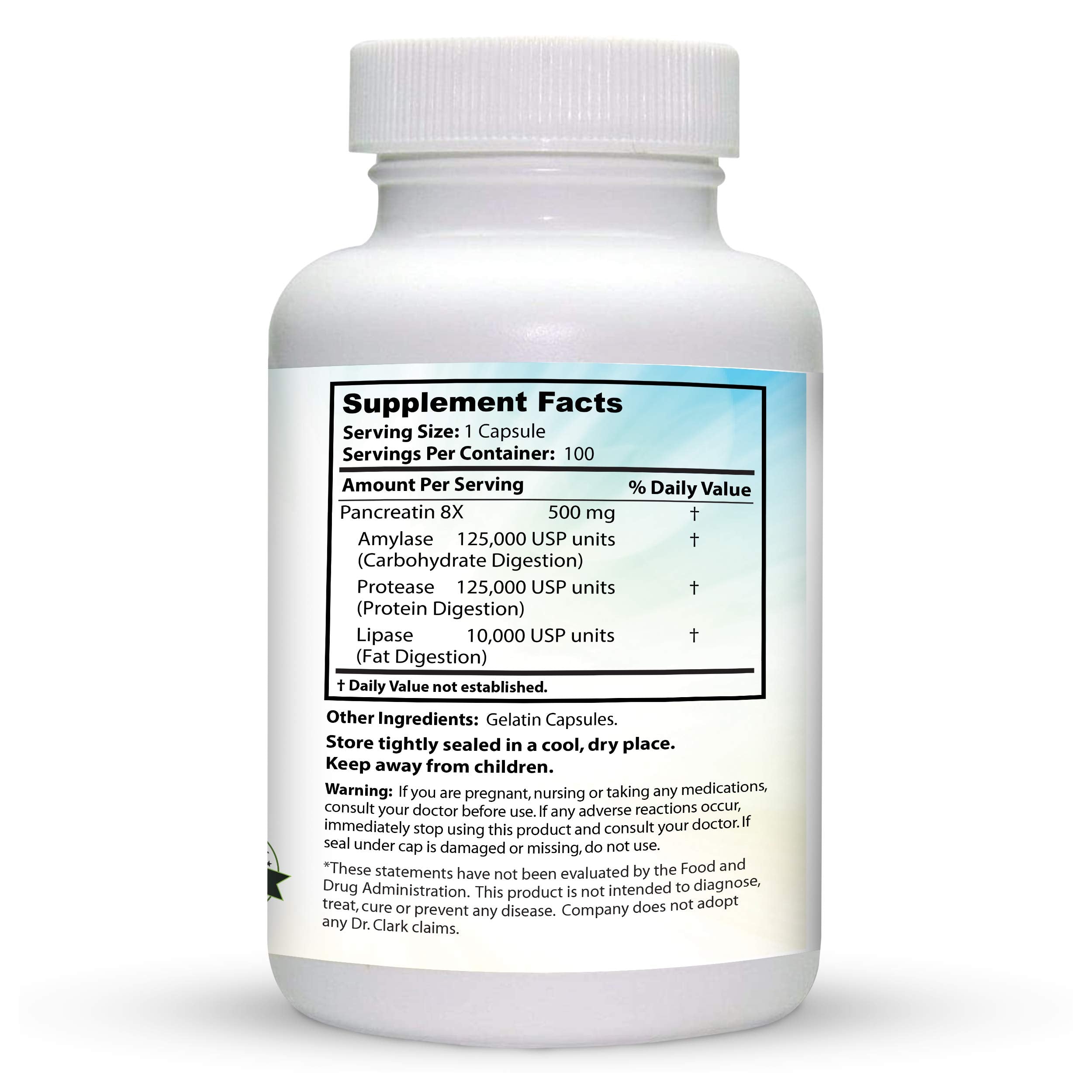 Dr Clark Pancreatin 8X packaging box featuring quality testing labels
