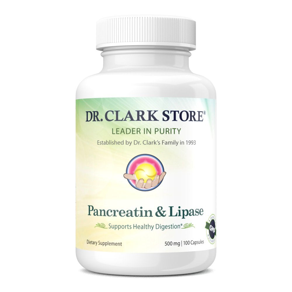 Dr Clark Pancreatin bottle cap shows enzyme blend for smoother digestion after meals.
