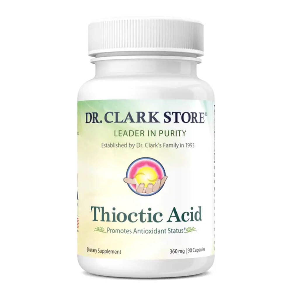 Dr Clark Store Alpha Lipoic Acid 360 mg bottle front suggests antioxidant support for overall wellness.